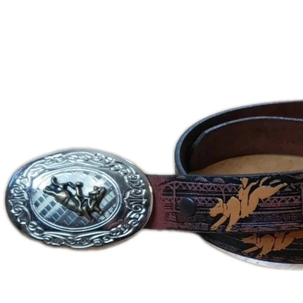 Nocona Rodeo Western Tooled Leather Belt Boys Sz 26 Silver Gold Bullrider Buckle